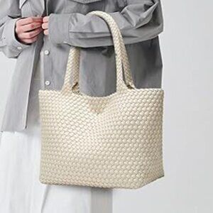 Neiman Marcus Woven Seashell White Vegan Leather Tote Bag